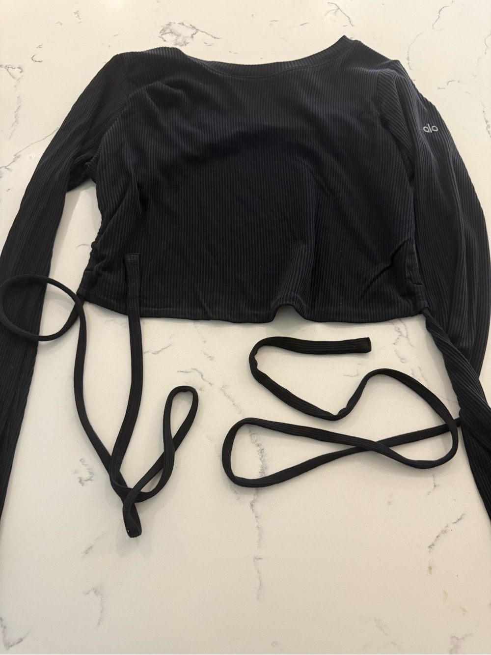 ALO Yoga Black Ribbed Wrap Crop Top with Tie Details